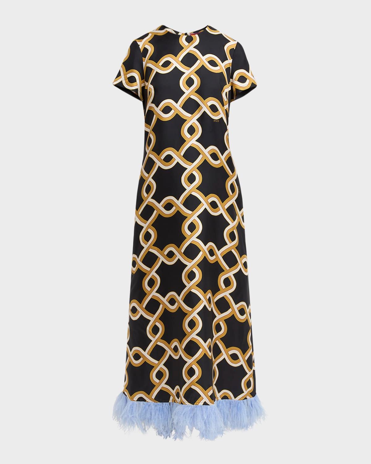 short-sleeve feather-trim maxi swing dress