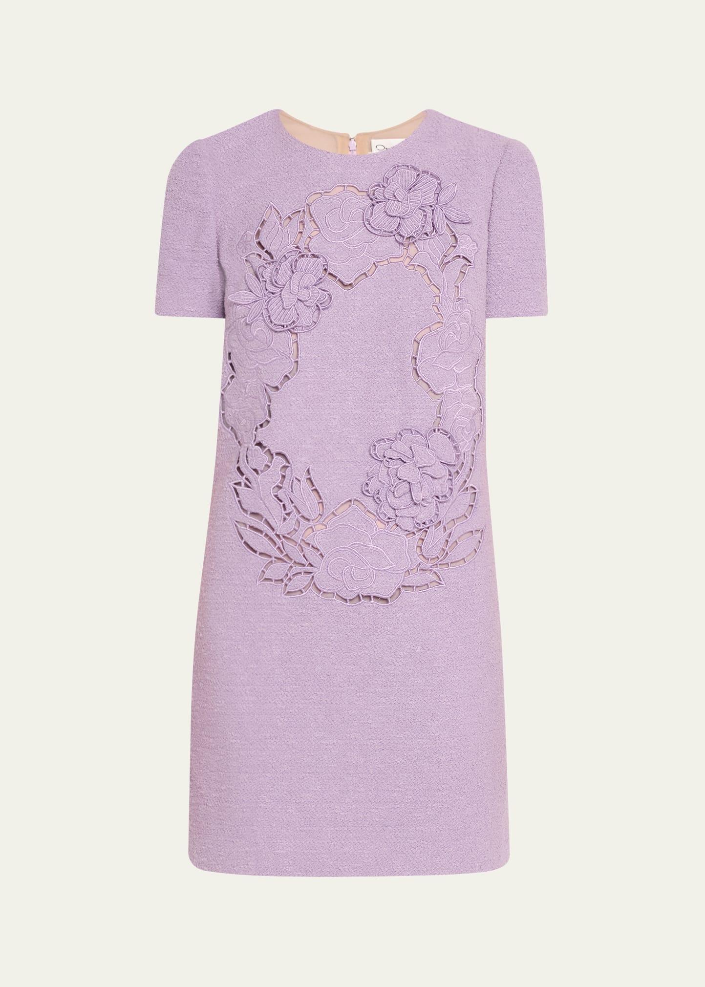 short-sleeve floral embroidered tweed mini dress