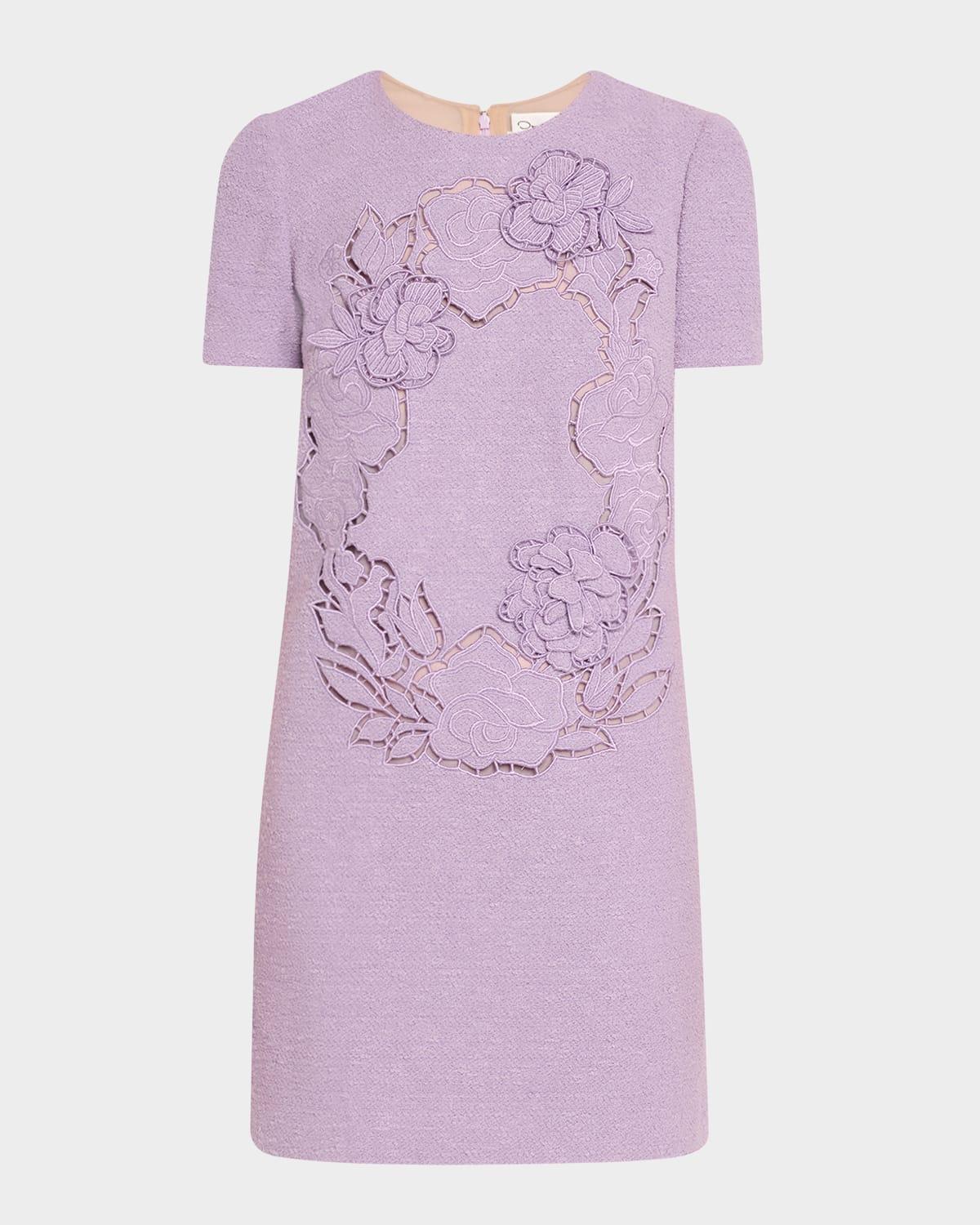short-sleeve floral embroidered tweed mini dress