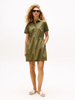 short-sleeve gold-button dress