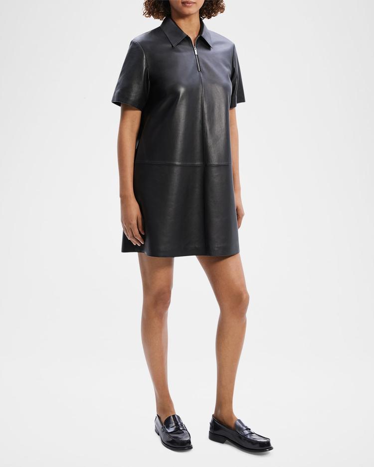 short-sleeve half-zip nappa leather mini dress