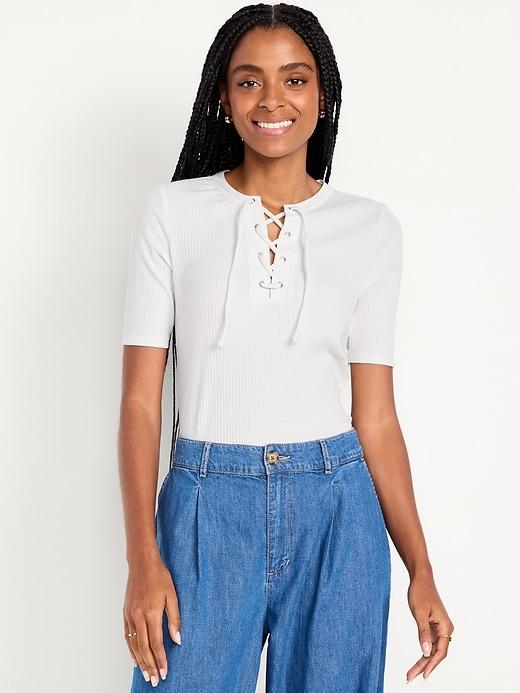 short sleeve lace-front top