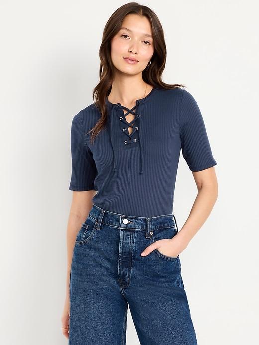 short sleeve lace-front top