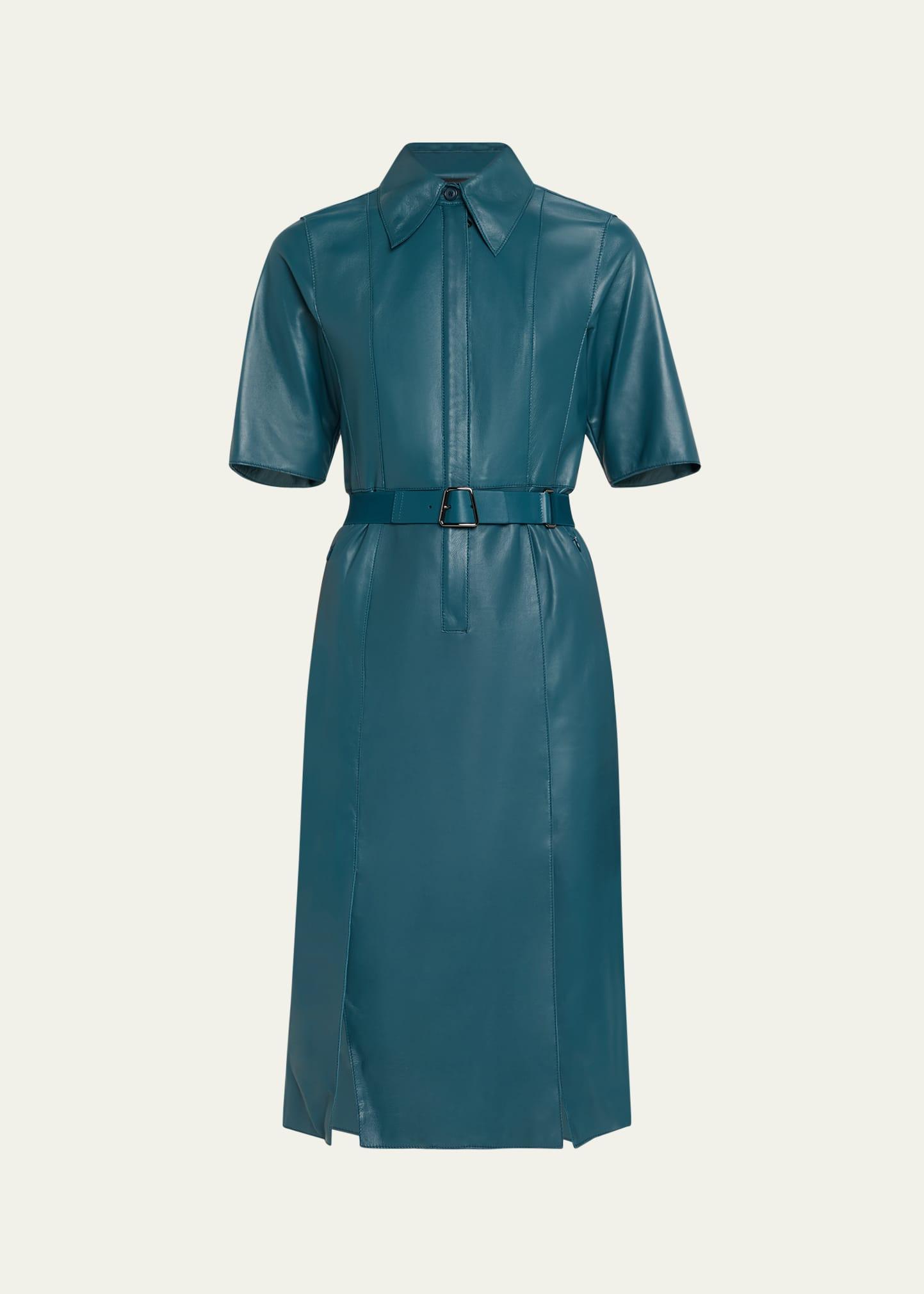 short-sleeve nappa leather belted shirtdress