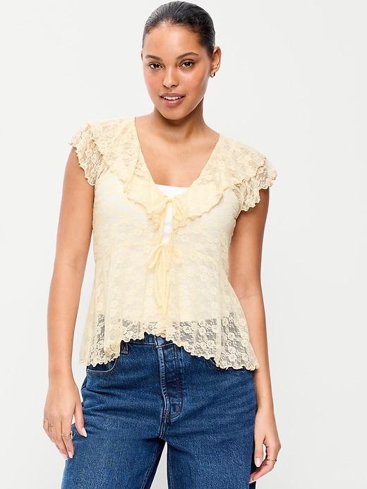 short-sleeve open-front lace ruffle top
