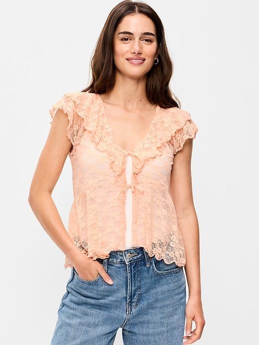 short-sleeve open-front lace ruffle top