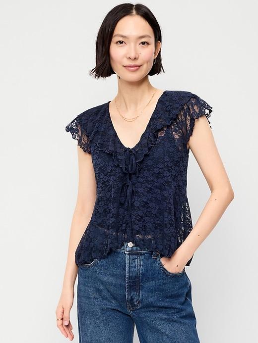 short-sleeve open-front lace ruffle top
