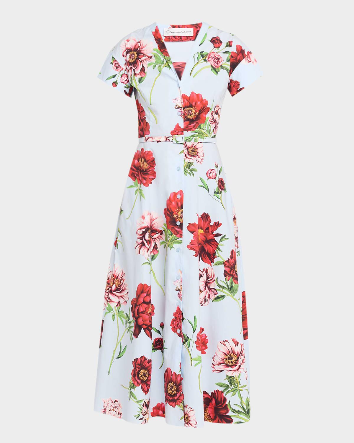 short-sleeve peony-printed tea-length dress