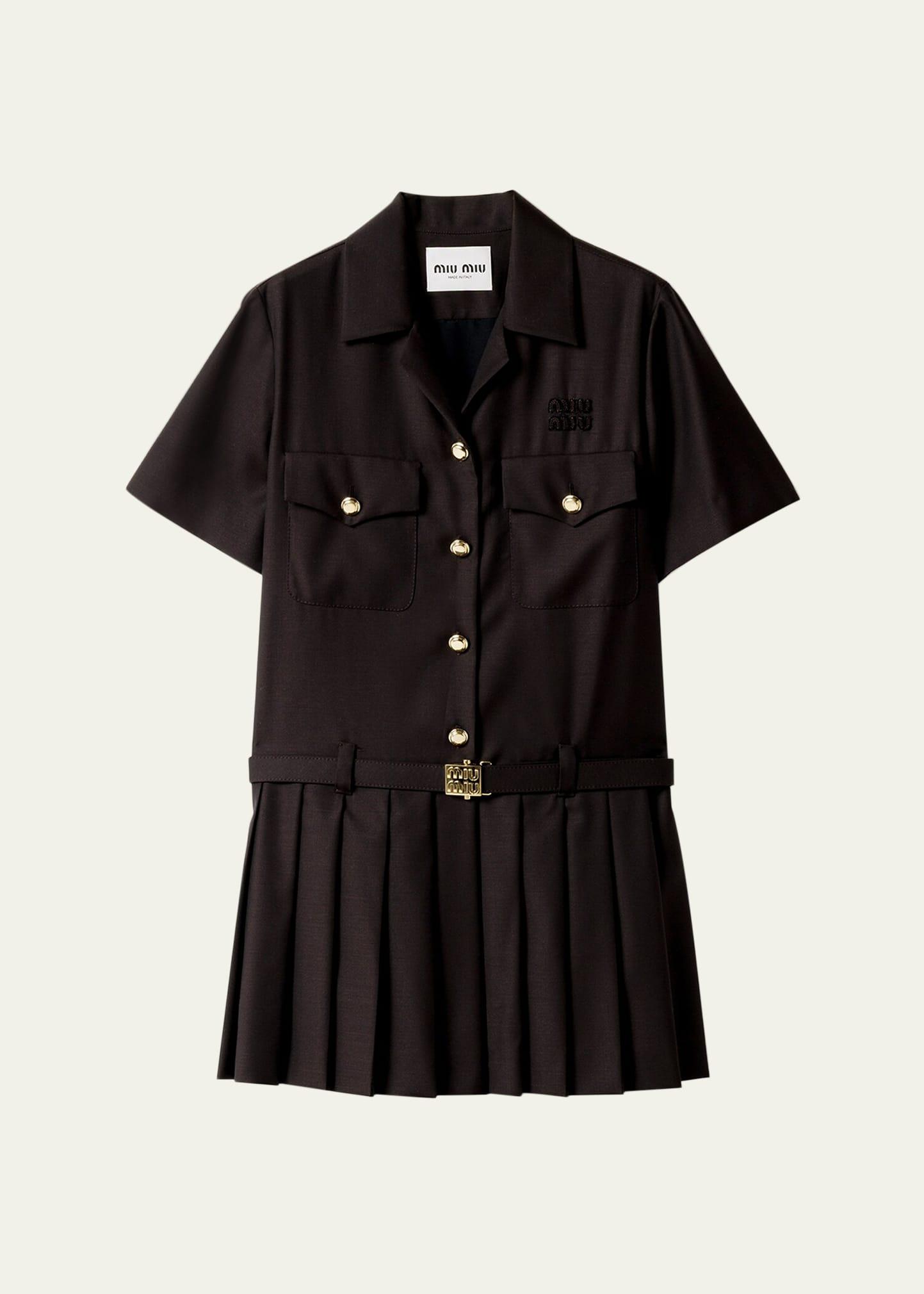 short-sleeve pleated mini shirtdress with belt