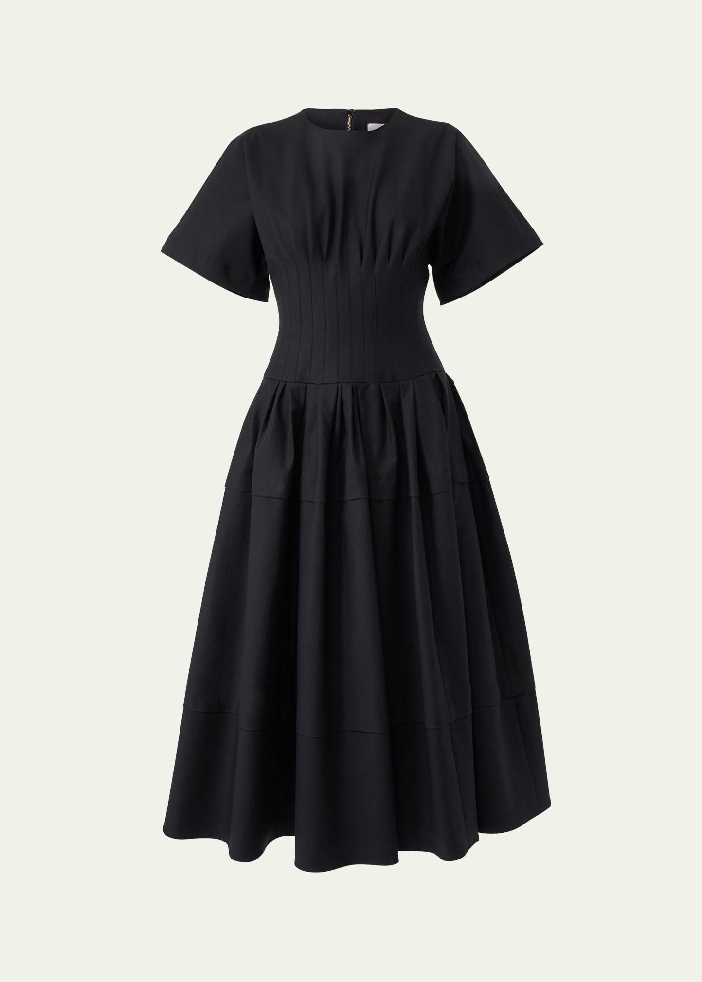 short-sleeve pleated-waist midi dress
