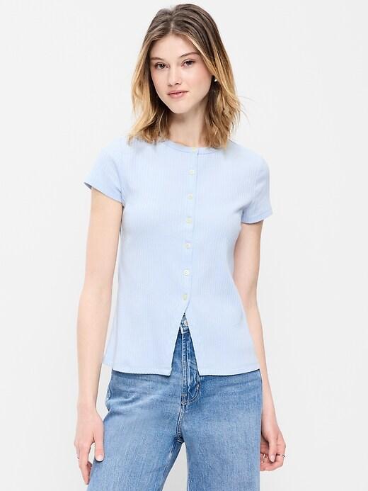 short-sleeve ribbed button-down top