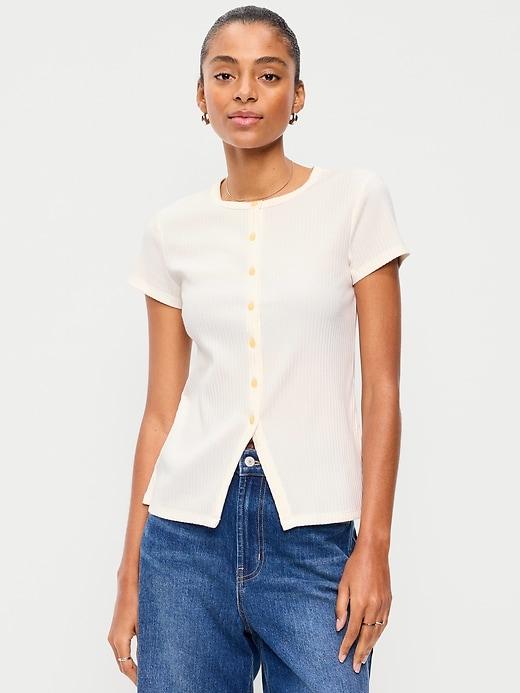 short-sleeve ribbed button-down top