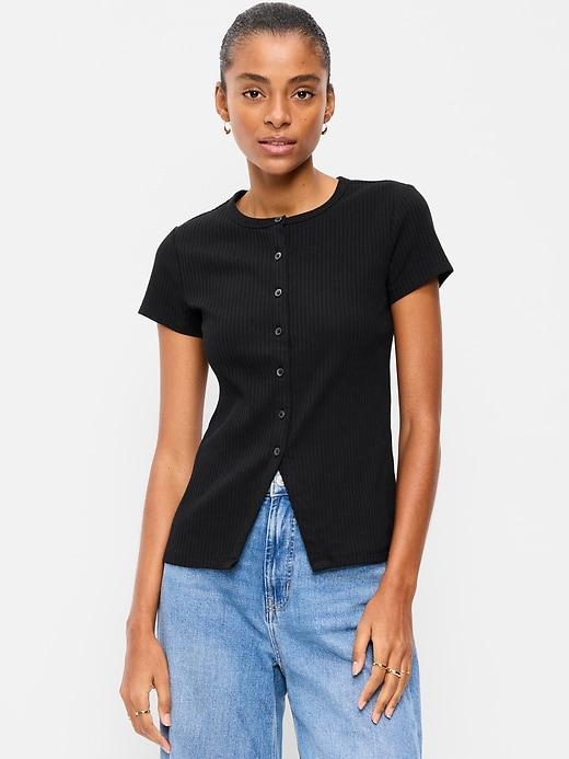 short-sleeve ribbed button-down top
