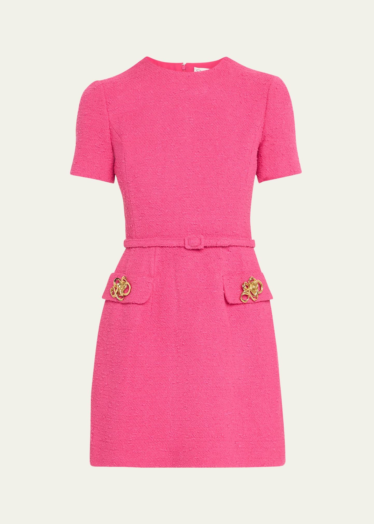 short-sleeve rose-button tweed mini day dress with belt