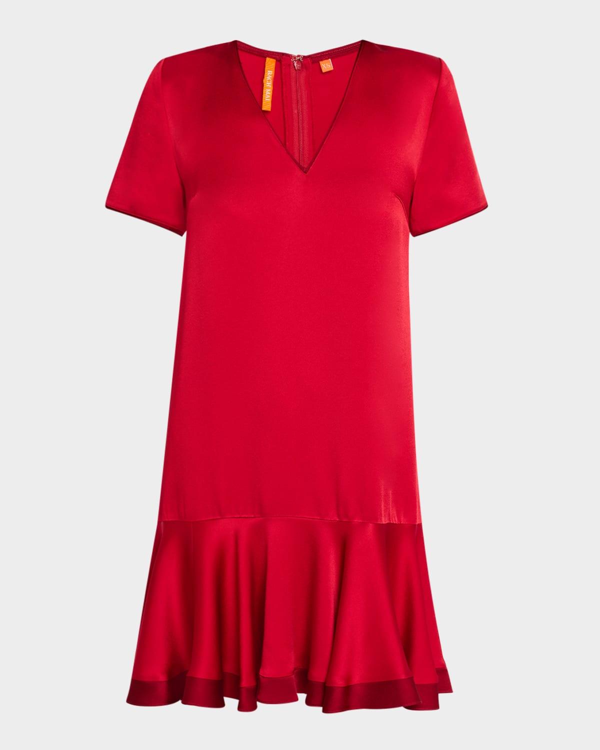 short-sleeve satin ruffle mini dress