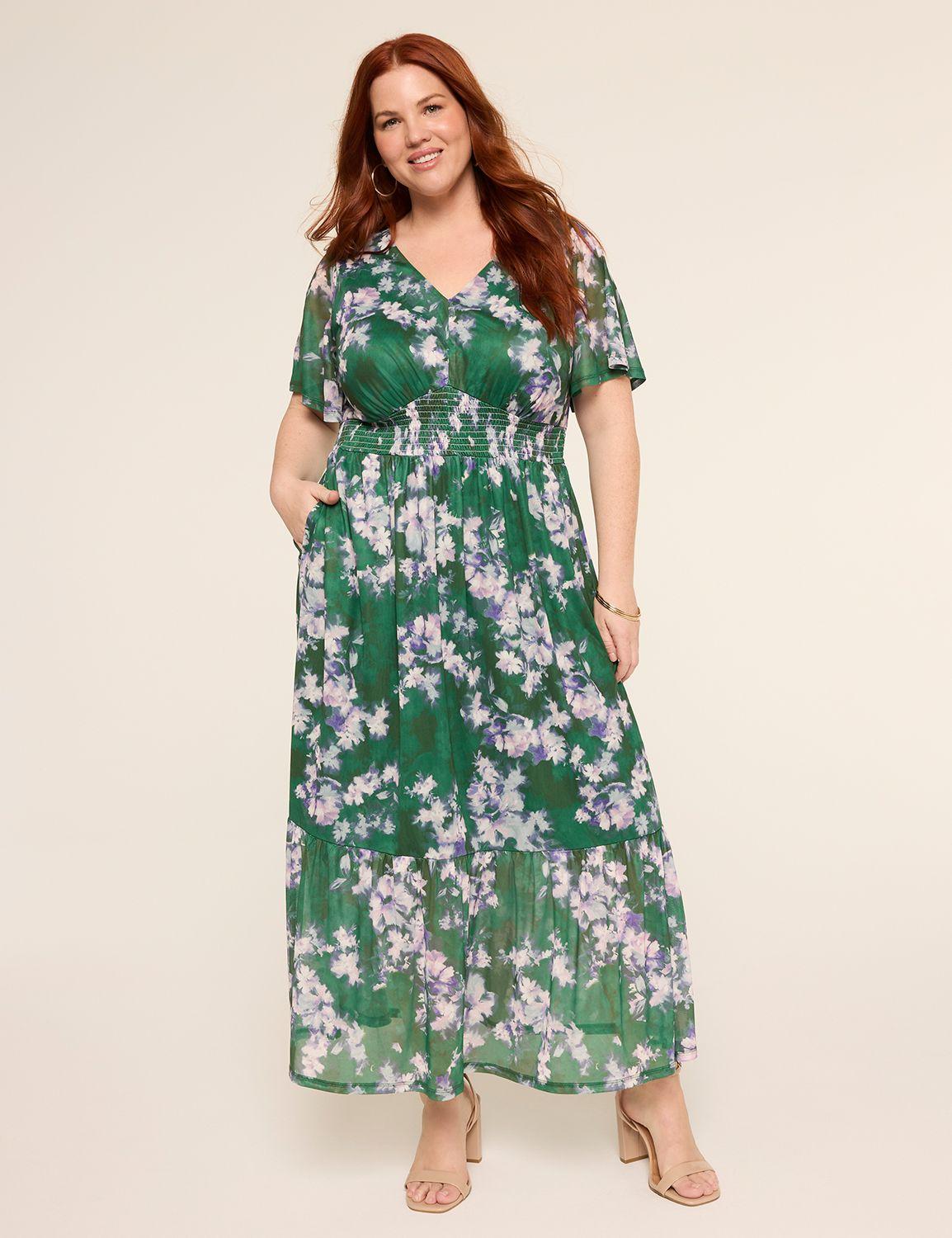 short-sleeve v-neck smocked maxi dress
