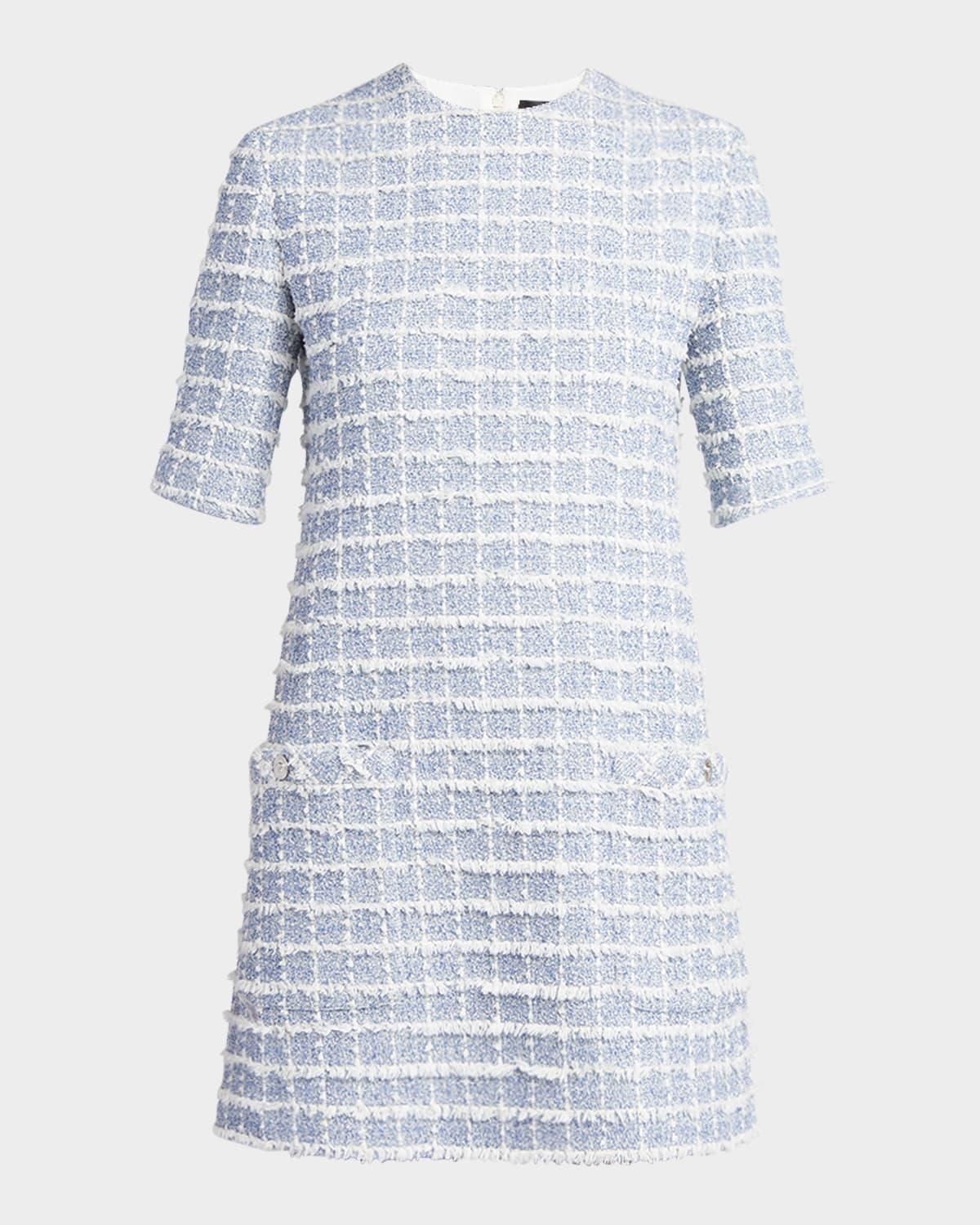 short-sleeve windowpane tweed boucle mini dress