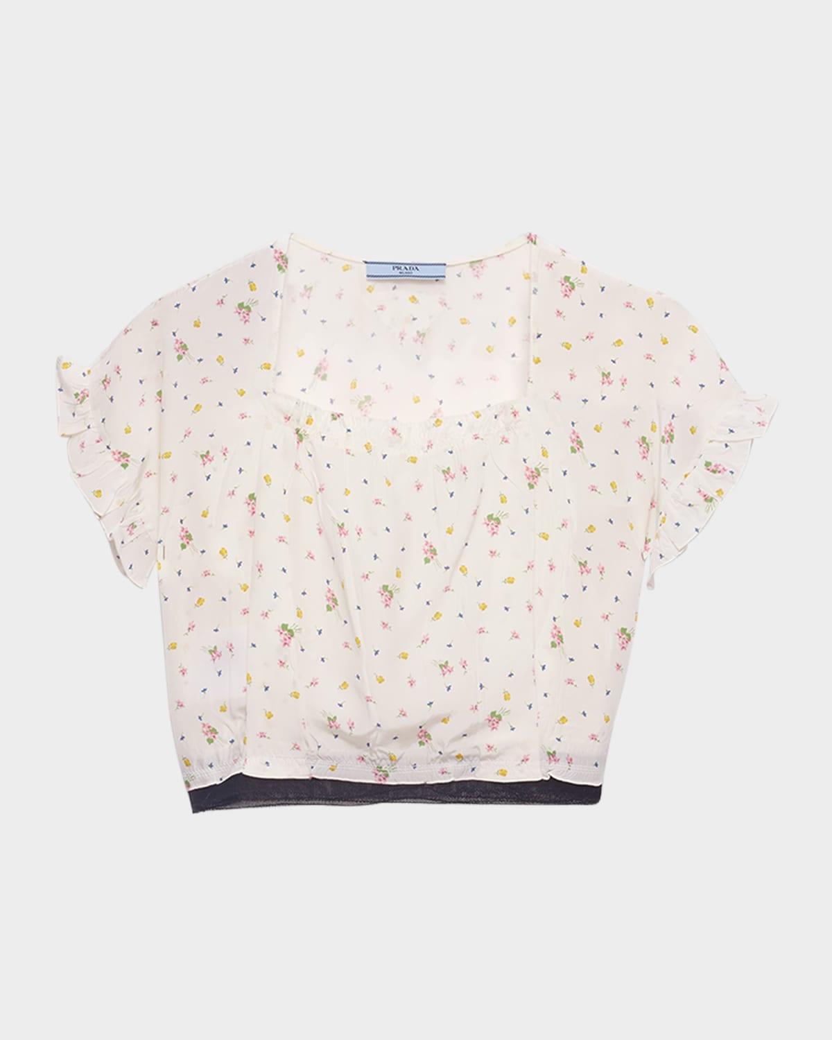 short-sleeved floral lace-trim crop top