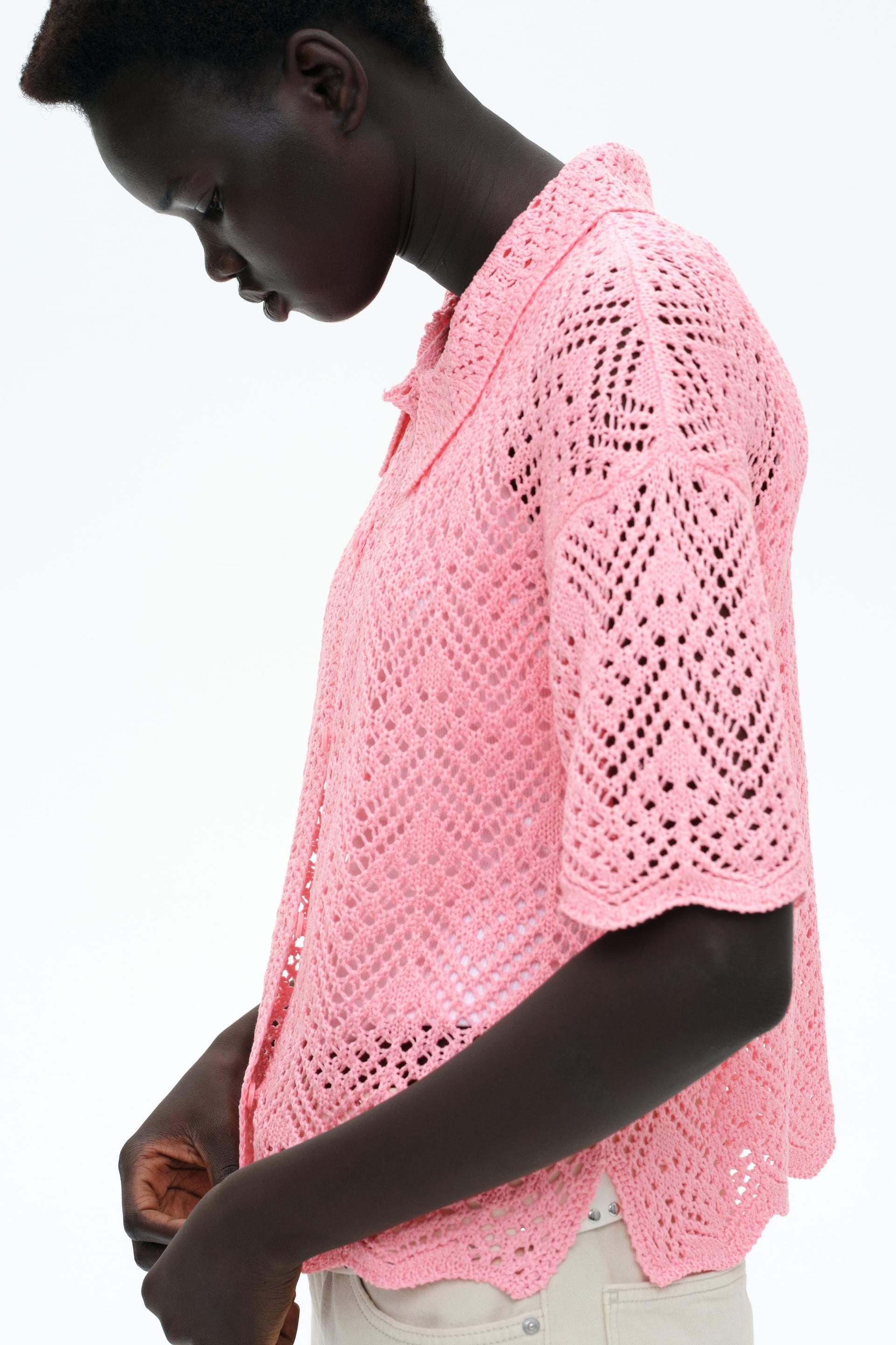 short-sleeved pointelle-knit shirt