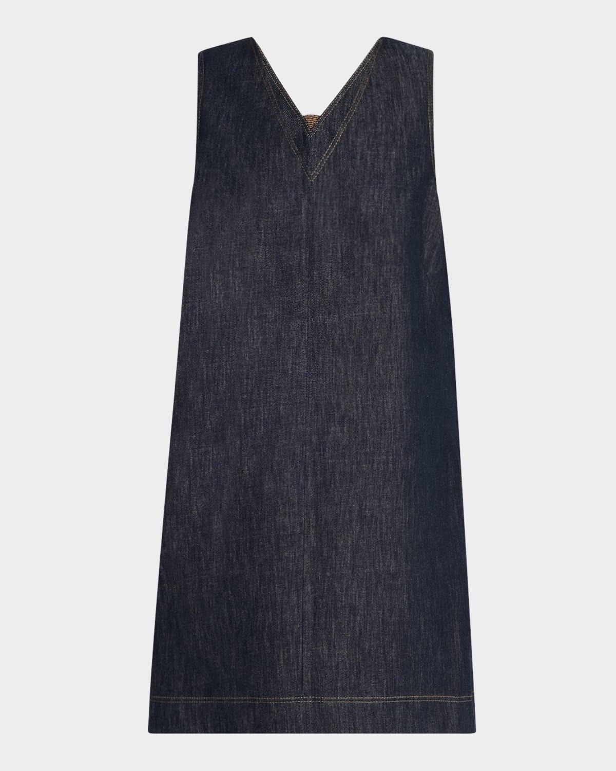 short v-neck denim tank dress with monili insert