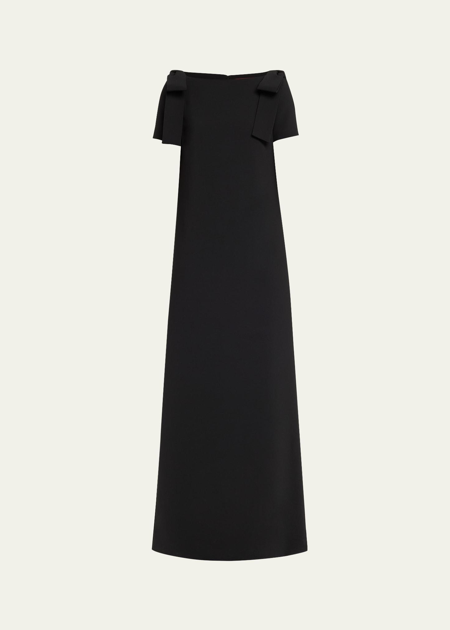 shoulder bow crepe column gown