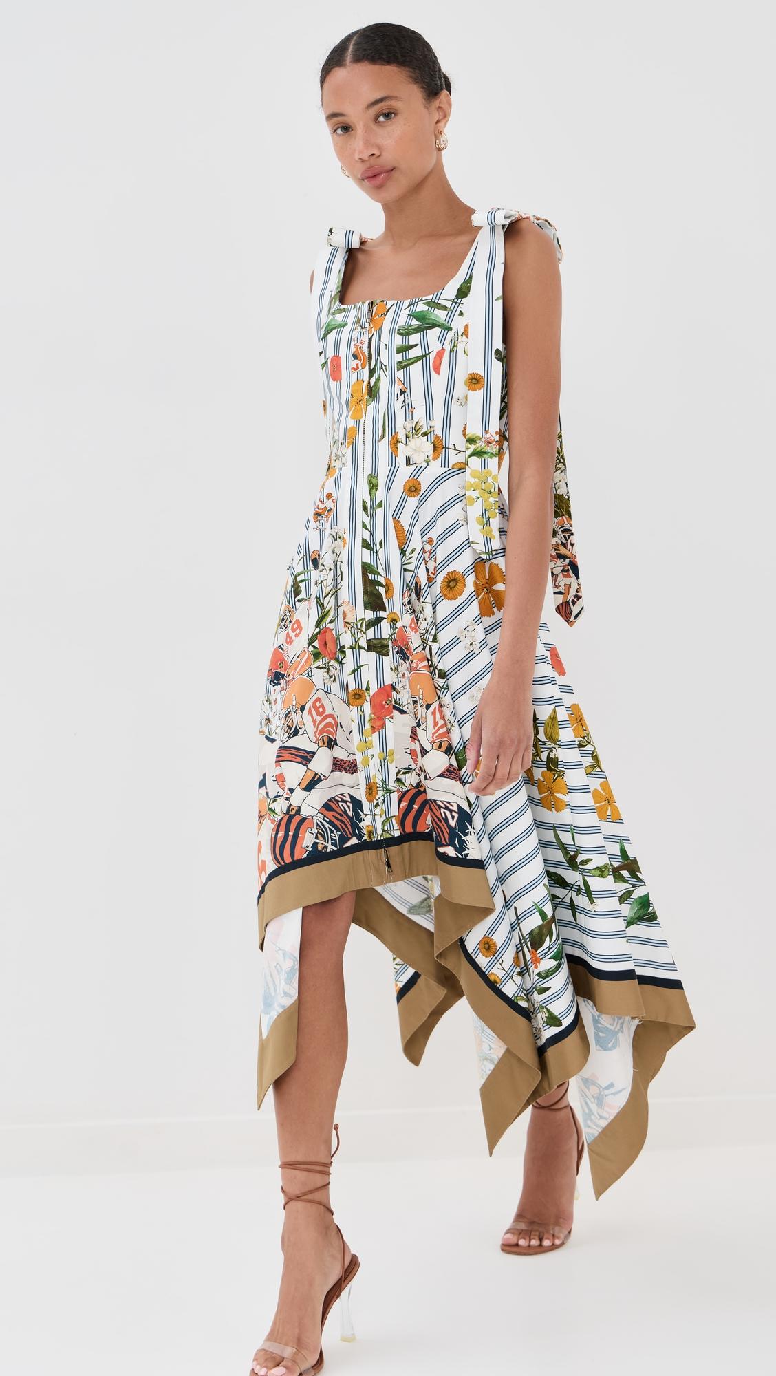 shoulder ties printed midi dress