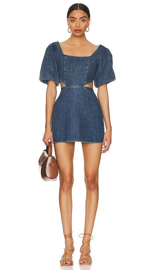 show me your mumu city cut out dress in denim-dark.