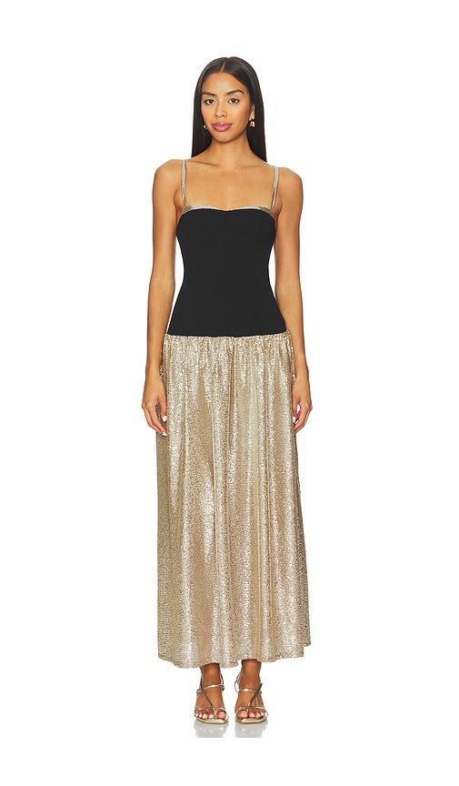 show me your mumu hepburn midi dress in metallic gold.