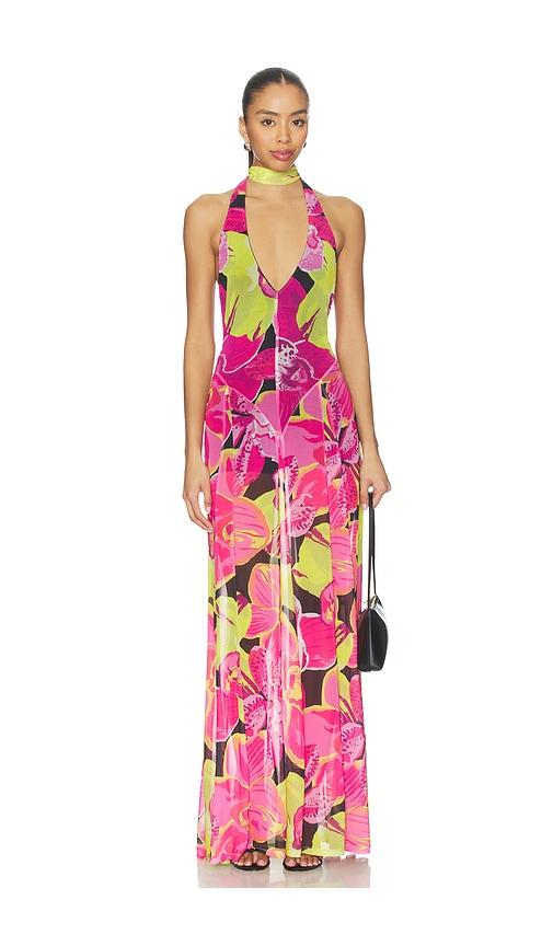 show me your mumu katia maxi dress in fuschia,green.