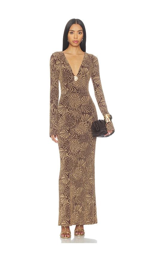show me your mumu lopez dress in brown,metallic gold.