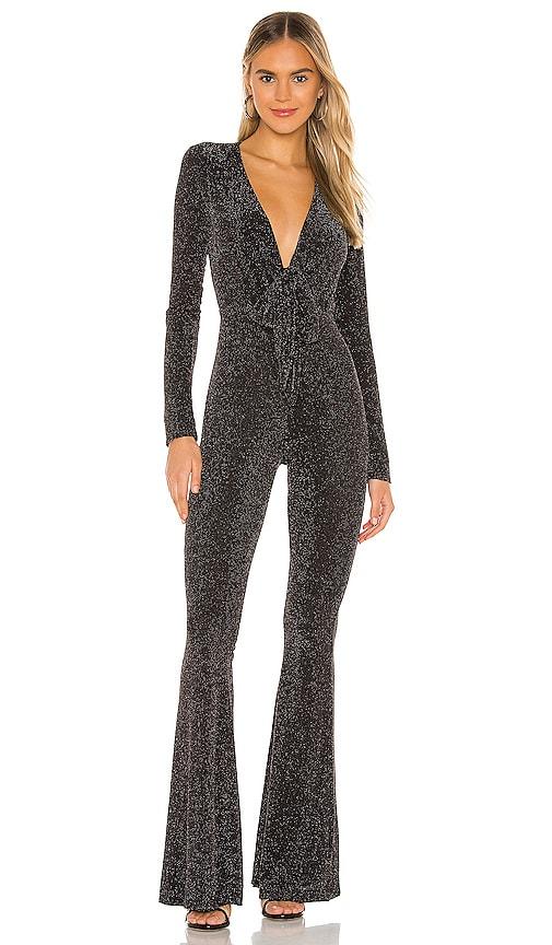 show me your mumu martina jumpsuit in black,metallic silver.