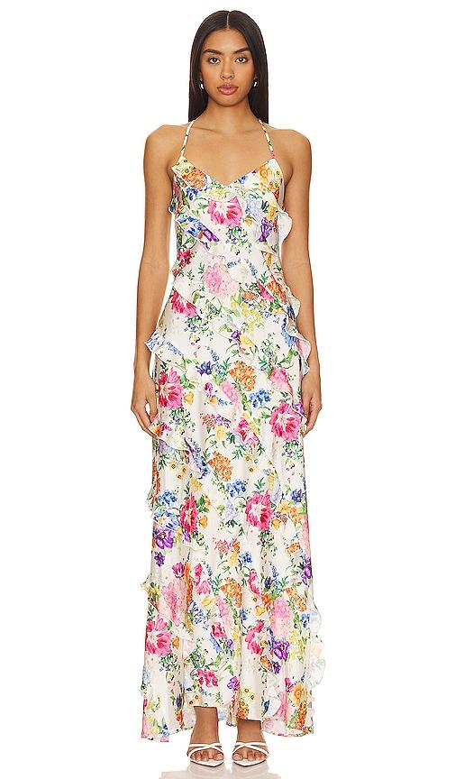 show me your mumu romance ruffle dress in white.
