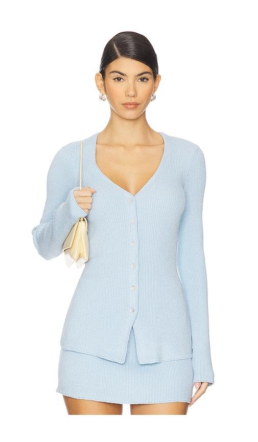 show me your mumu x revolve button up sweater in baby blue.