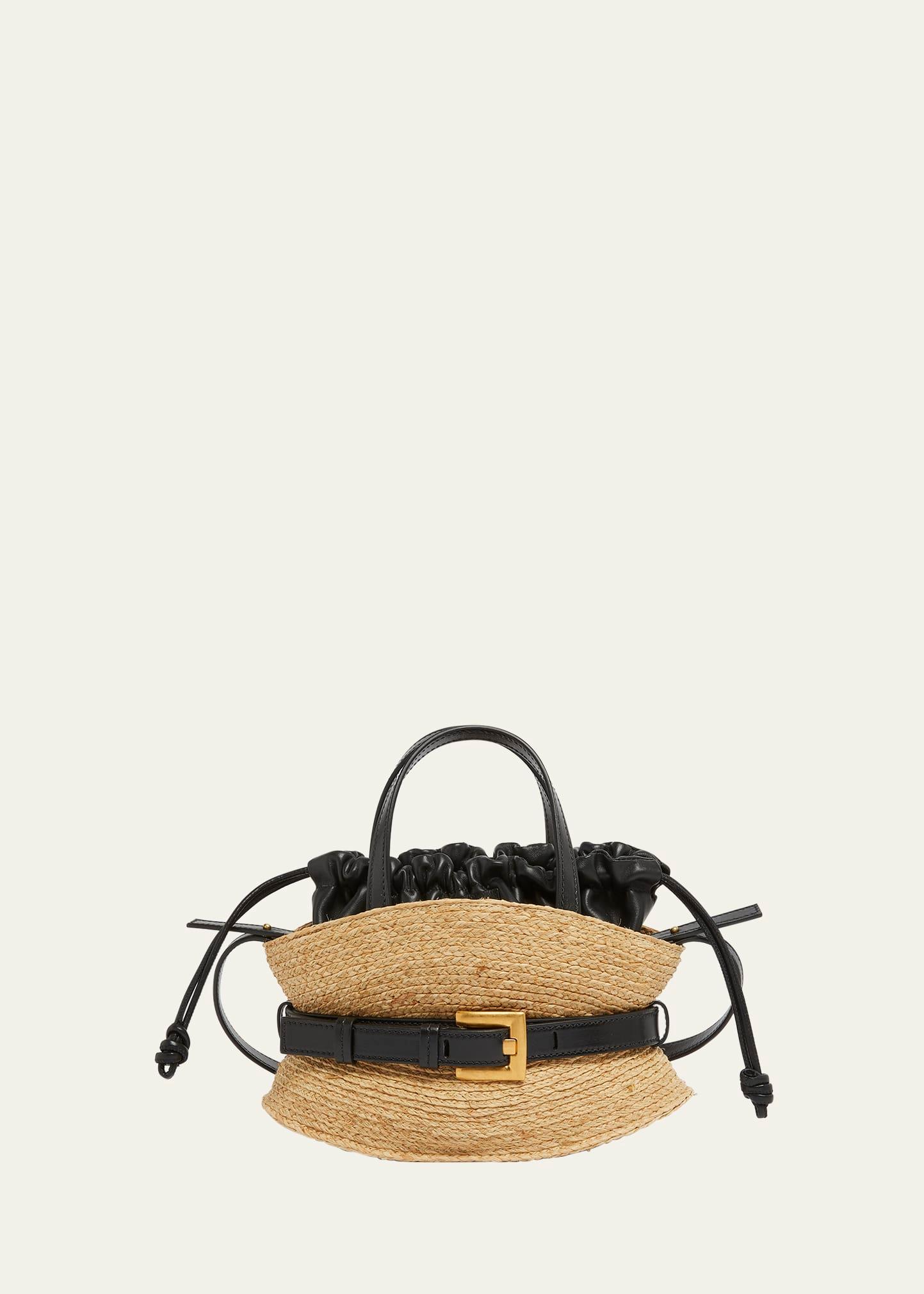 shuffle mini top-handle bag in raffia and calfskin