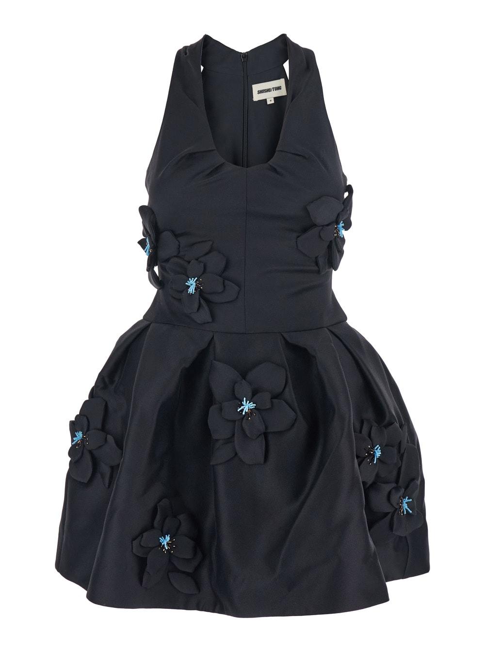 shushu/tong black sleeveless pleated dress with round neck and floral embroidery in fabric woman