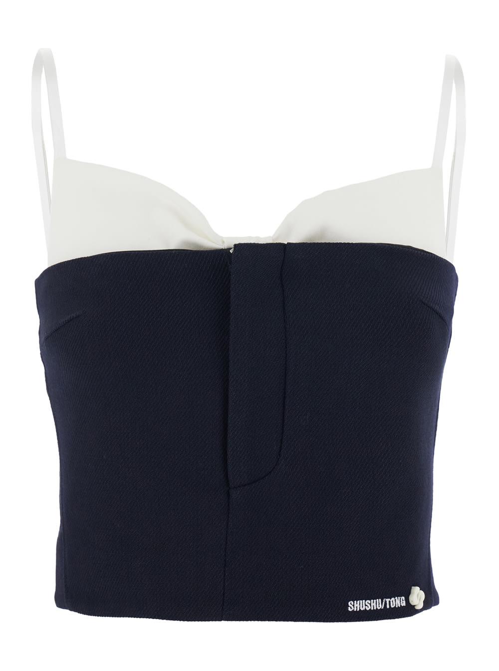 shushu/tong black sleeveless top with bow on the rear and logo embroidery on the front in wool woman