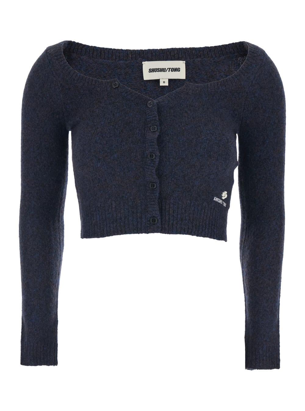 shushu/tong blue cardigan with wide round neck and logo embroidery on the front in wool blend woman
