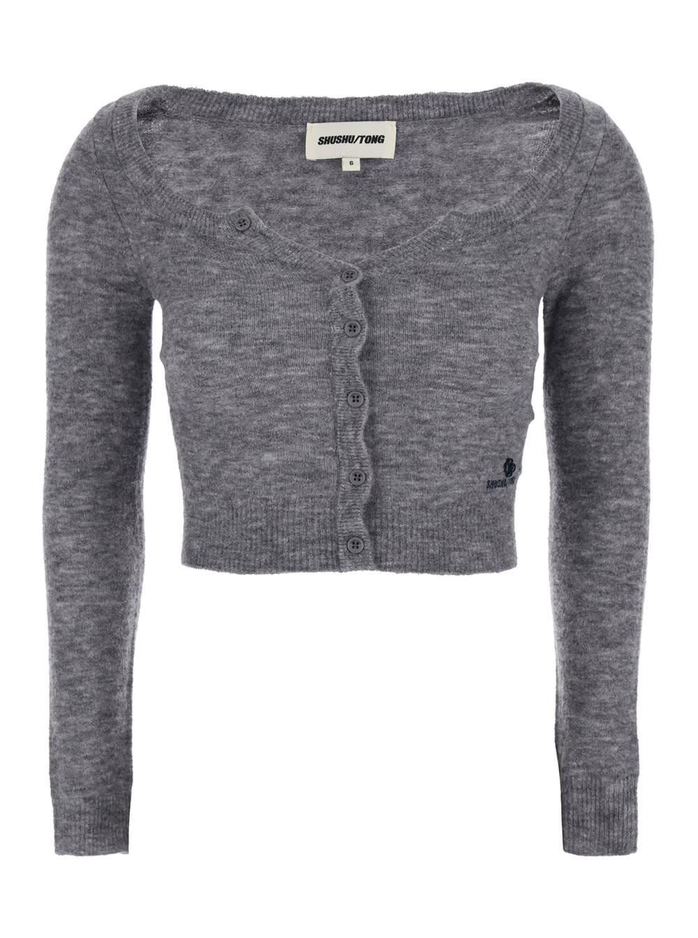 shushu/tong grey cardigan with wide round neck and logo embroidery on the front in wool blend woman