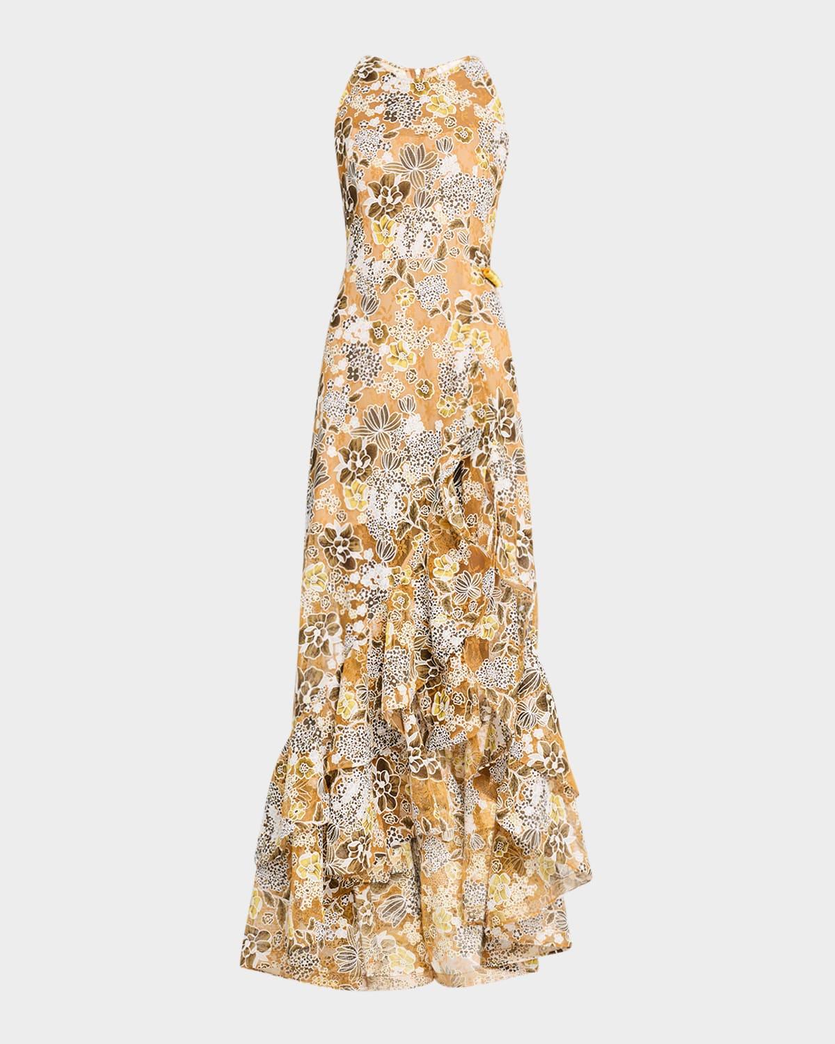 sicilia sleeveless floral-print ruffle gown
