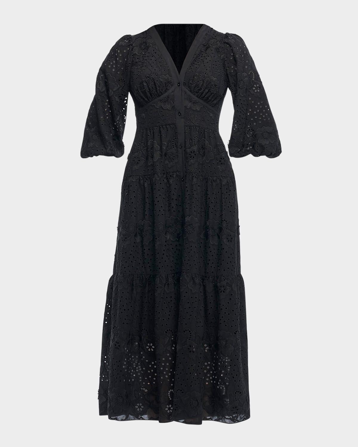 sicily 3/4-sleeve floral embroidered midi dress