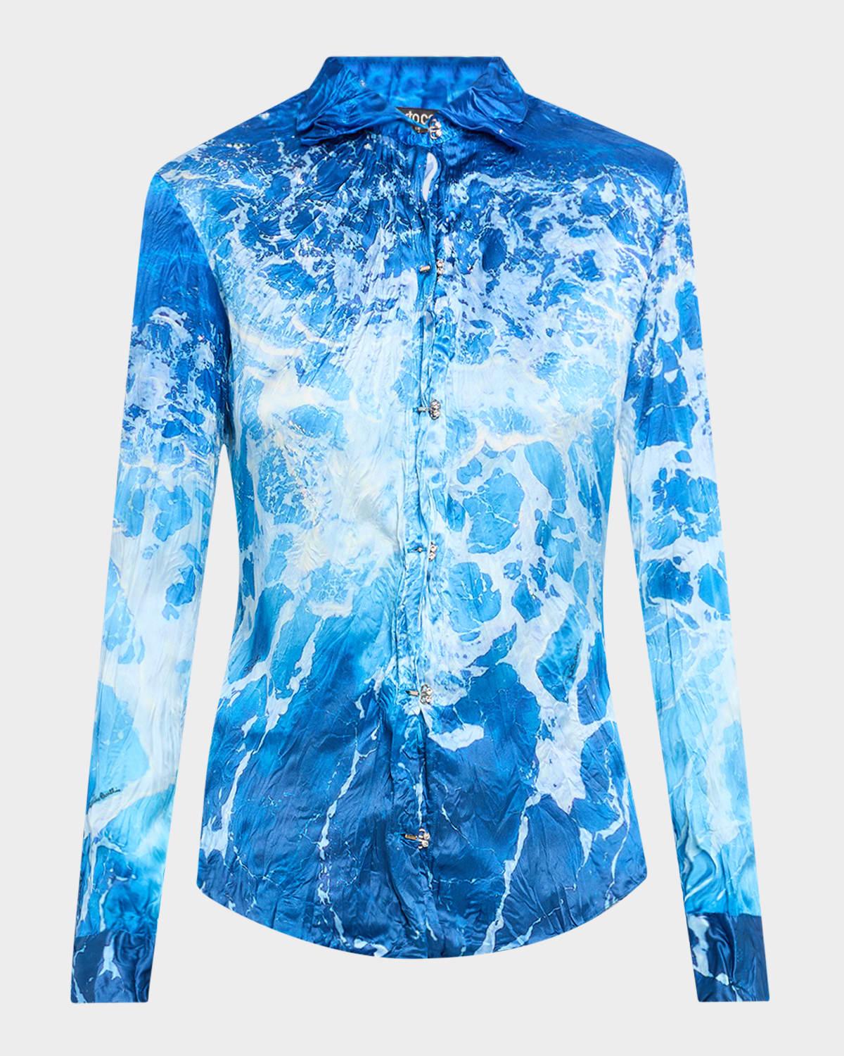 sicily ocean-print crinkle silk blouse