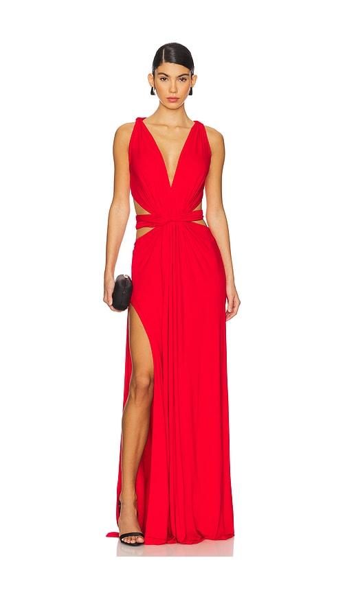 sid neigum 4 way v neck knot dress in red.