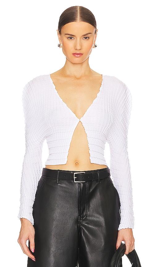 sid neigum cropped knife x box pleated cardigan in white.