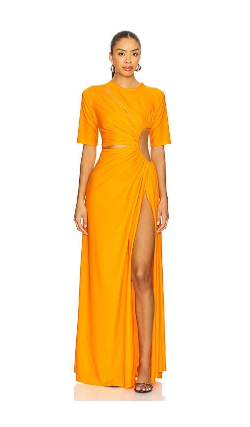 sid neigum for fwrd gathered slit dress in orange.