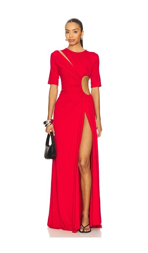sid neigum gathered slit maxi dress in red.