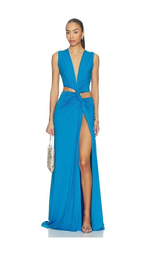 sid neigum triple loop knit dress in blue.