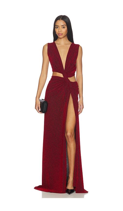 sid neigum triple loop knit dress in burgundy.