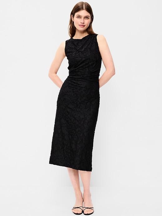 side-drape jersey jaquard midi dress