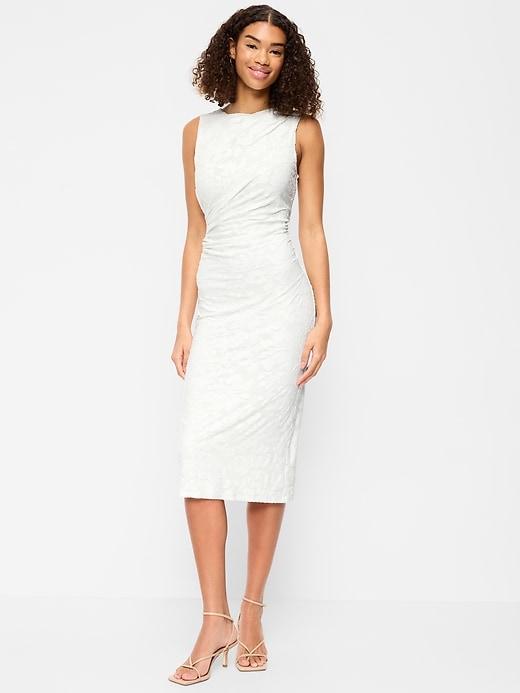 side-drape jersey jaquard midi dress