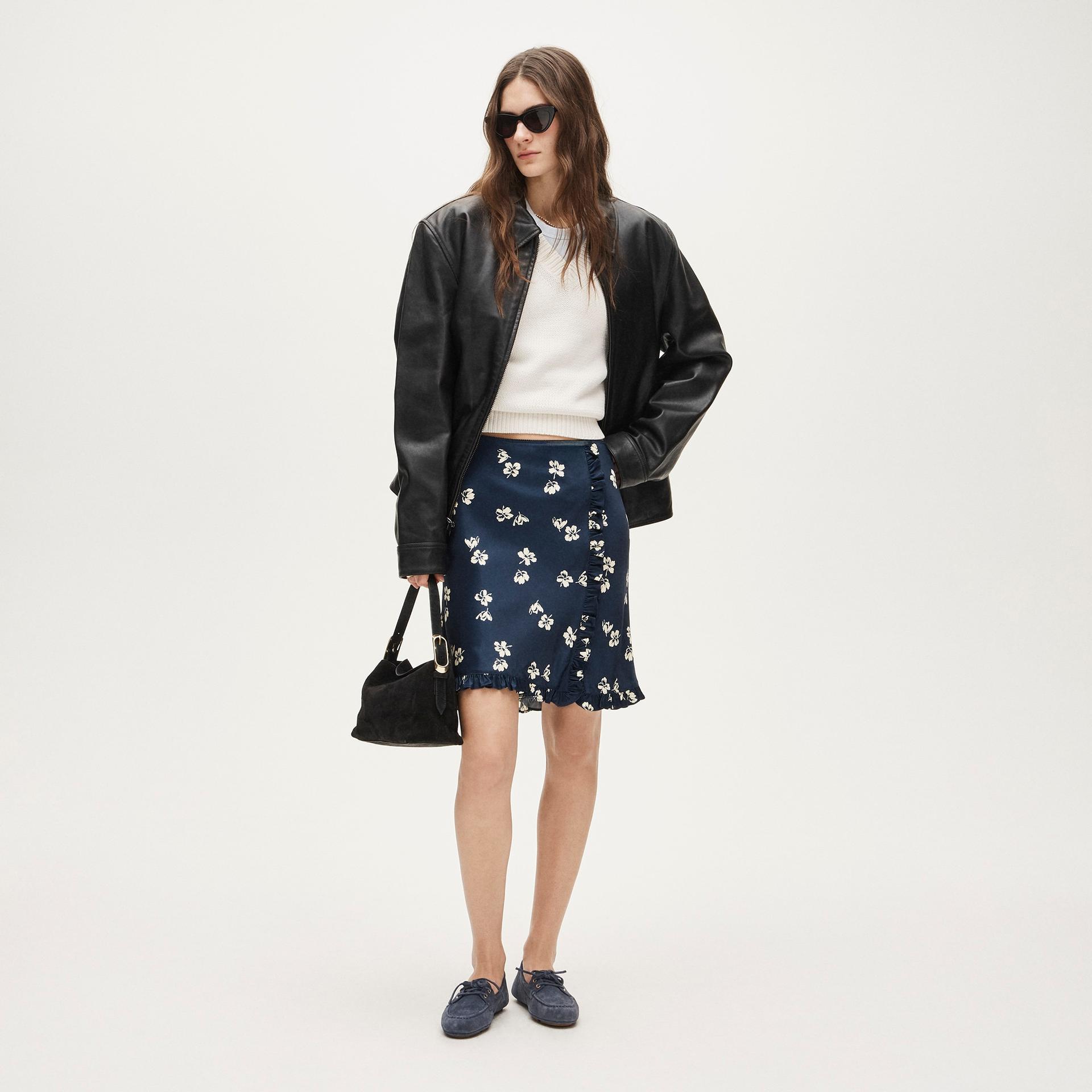 side-ruffle slip skirt in viscose charmeuse floral